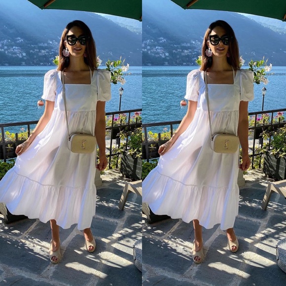 Hm White Cotton Poplin Midi Dress Puff 